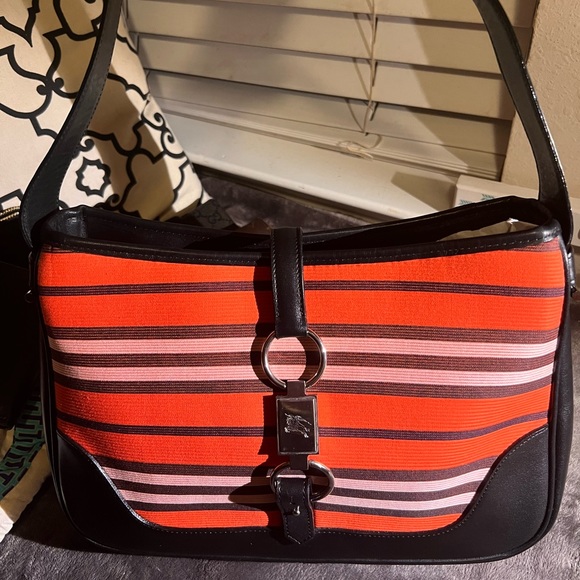 Rare Burberry Blue Signature Hobo striped vibrant colors w/black leather trim - Picture 1 of 15